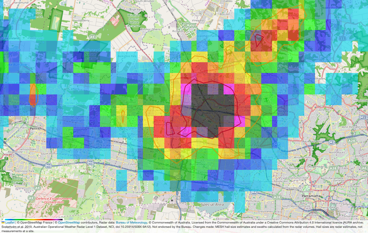 Western Sydney 25 September 2026, estimated hail by suburb