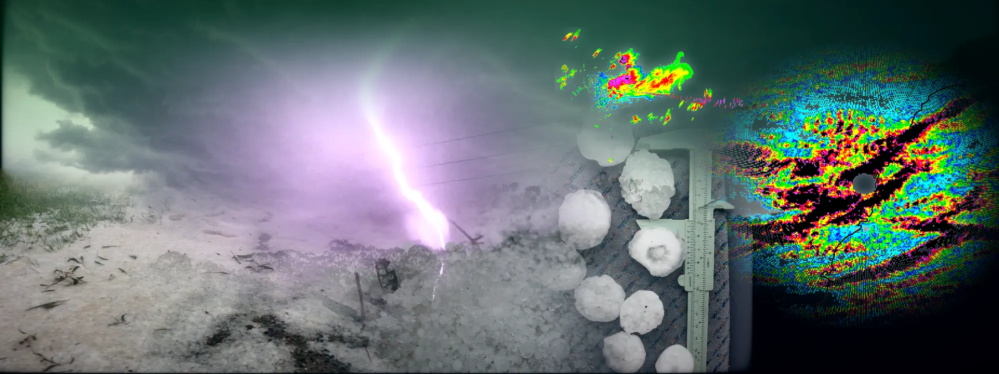 A green-tinged hailstorm cloud base over hail on the ground, a lightning bolt striking in a hailstorm, giant hailstones, and radar hail swath maps of Sydney on 20 December 2018 and recent storms