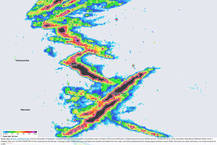 Estimated hail swath map, South East Queensland, 27 October 2026